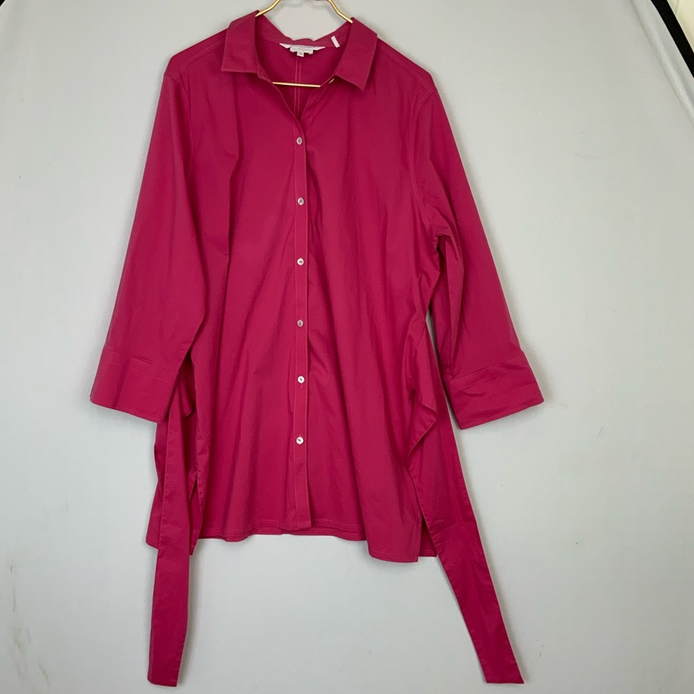 Foxcroft Sz 18 Bright Pink Shaped Non Iron Stretch Tie Waist Button Down Blouse